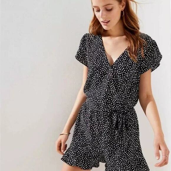 LOFT Black & White Polka Dot Ruffle Belted Wrap Romper - Picture 1 of 6